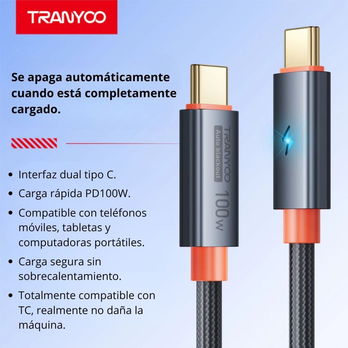 TRANYOO - Cable de Datos Trenzado 100W Tipo-C a Tipo-C Apagado Automático CC-5