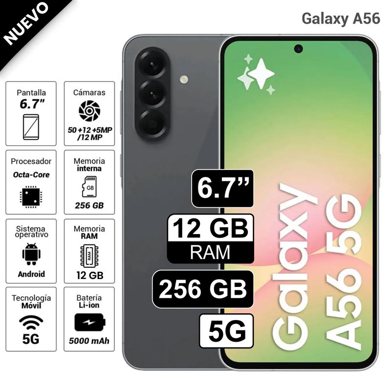 SAMSUNG - Celular Samsung Galaxy A56 5G 256GB 12GB RAM cámara principal 50MP frontal 12MP 67 negro
