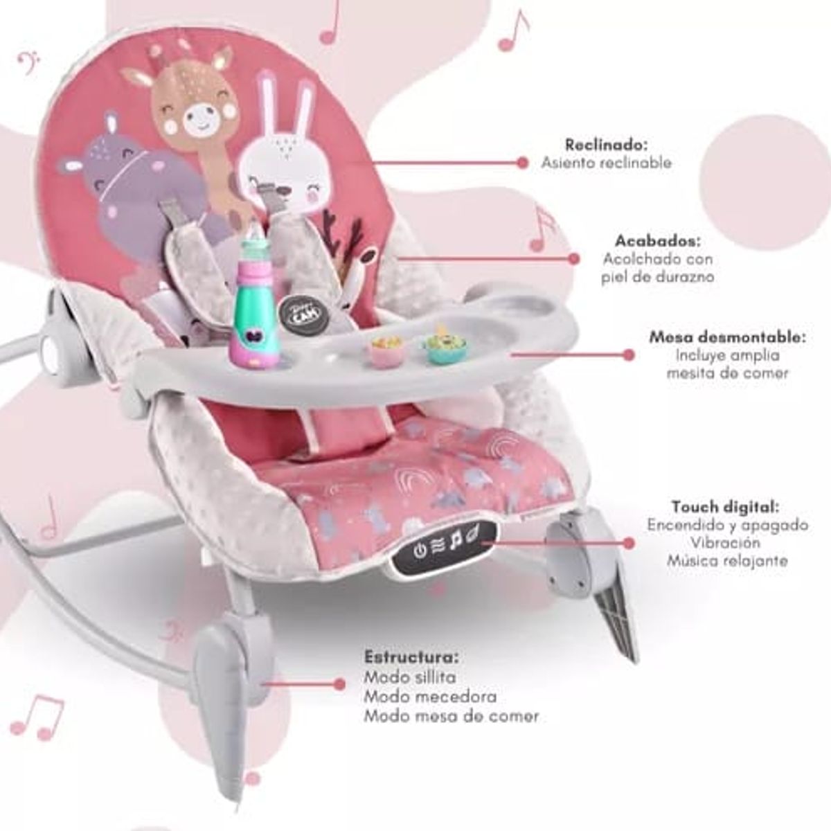 GENERICO - Silla Mecedora Bouncer Baby Cam Táctil Mesa Comer Rosado