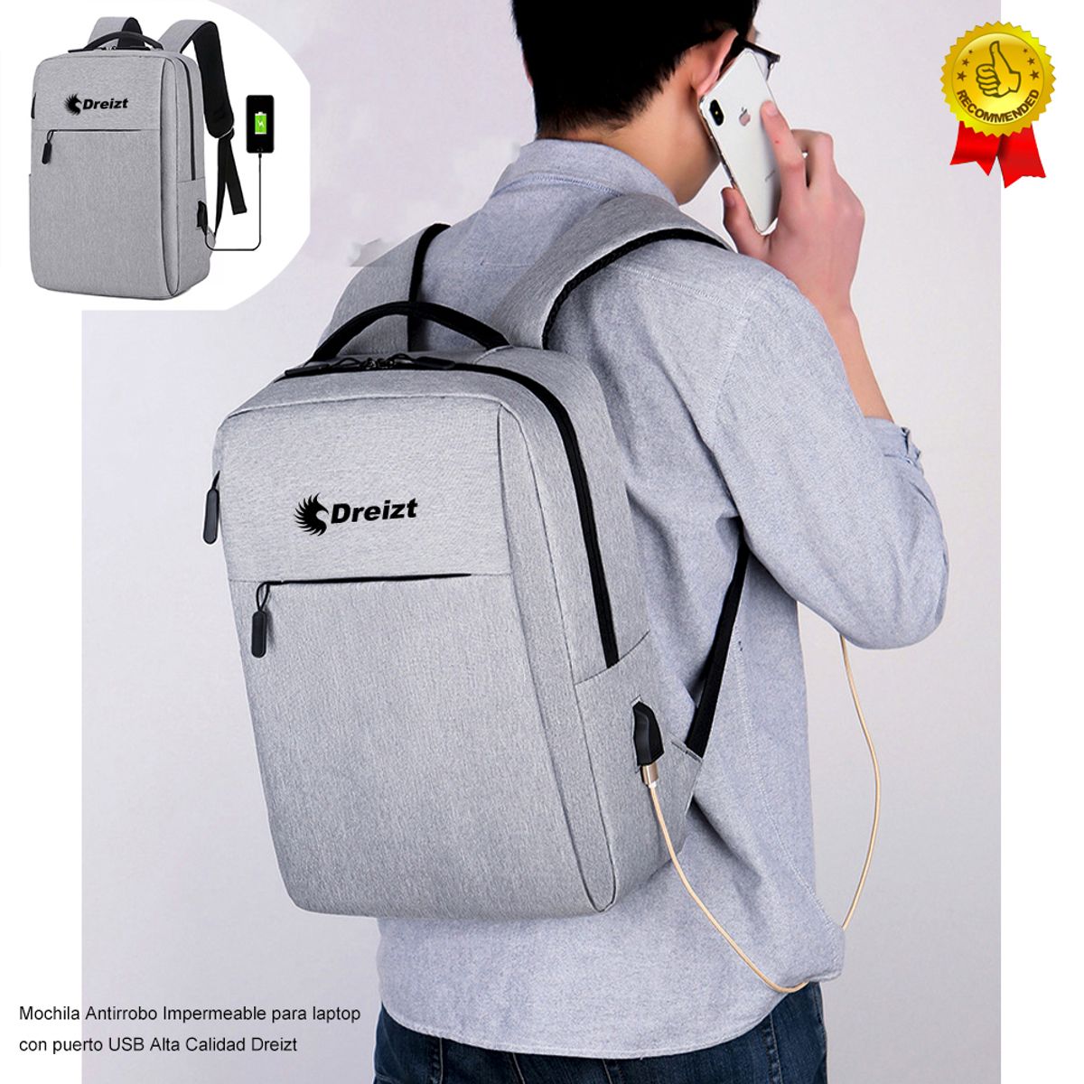 DREIZT - Mochila Antirrobo Impermeable Laptop Puerto USB Calidad Dreizt Gris