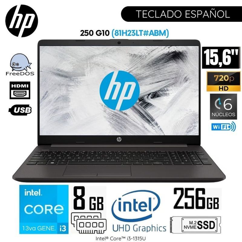 HP - Laptop HP 250 G10 Intel Core i3-1315U 8GB RAM 256GB SSD 15.6 Pulg. HD - 81H23LT
