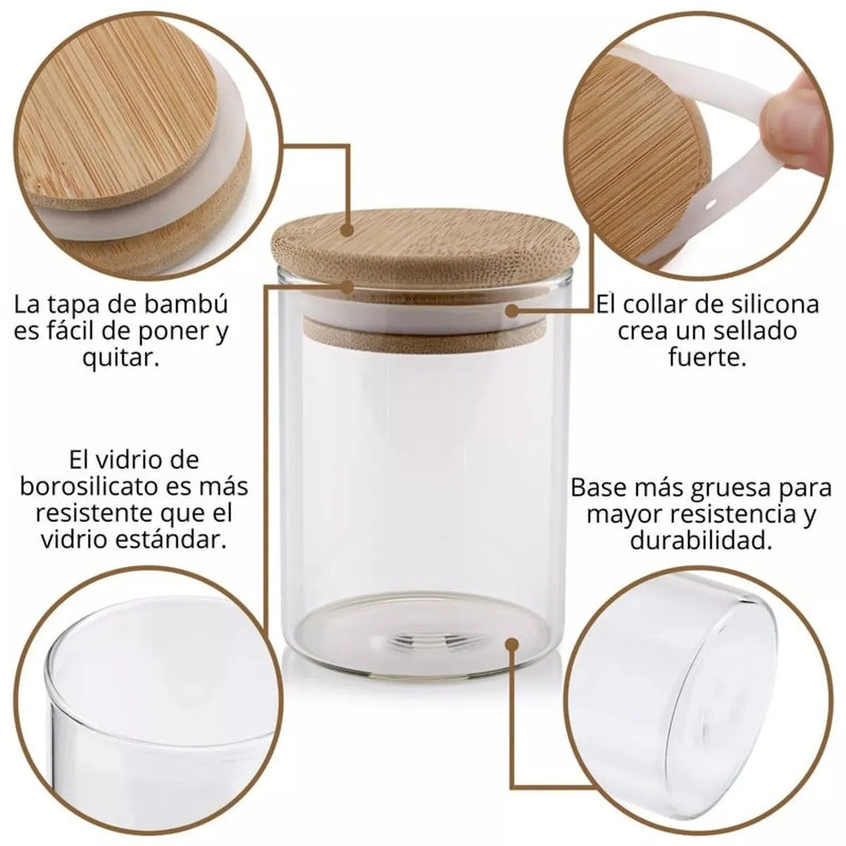 PENTHA - Frascos de Vidrio con Tapas de Bambú Set x 7