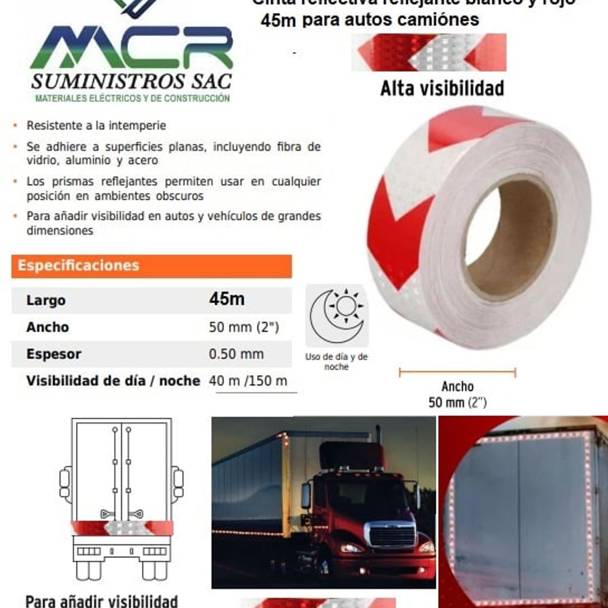 GENERICO - Cinta reflectiva reflejante ROJO Y BLANCO FLECHA fluorescente 45m para autoscamiónes