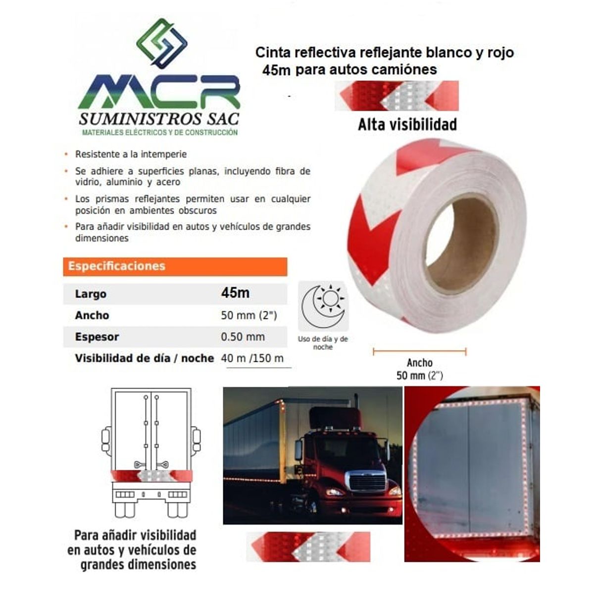 GENERICO - Cinta reflectiva reflejante ROJO Y BLANCO FLECHA fluorescente 45m para autoscamiónes