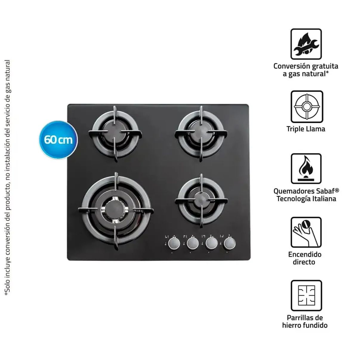INDURAMA - Encimera Multigas 4 Quemadores Negro INDURAMA EGI-604VDNEG
