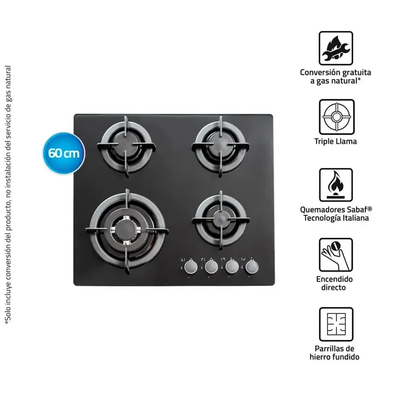 INDURAMA - Encimera Multigas 4 Quemadores Negro INDURAMA EGI-604VDNEG