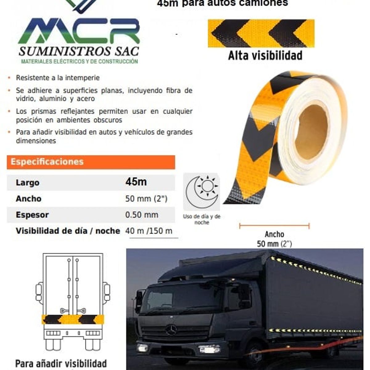 GENERICO - Cinta reflectiva reflejante amarillo y negro flecha 45m para autos camiones