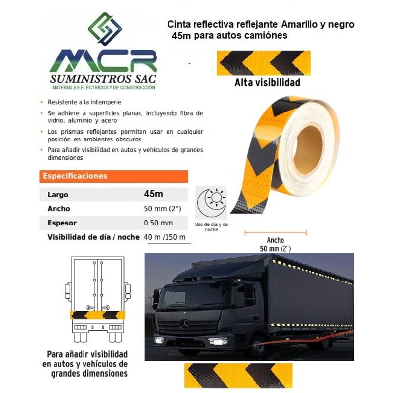 GENERICO - Cinta reflectiva reflejante amarillo y negro flecha 45m para autos camiones