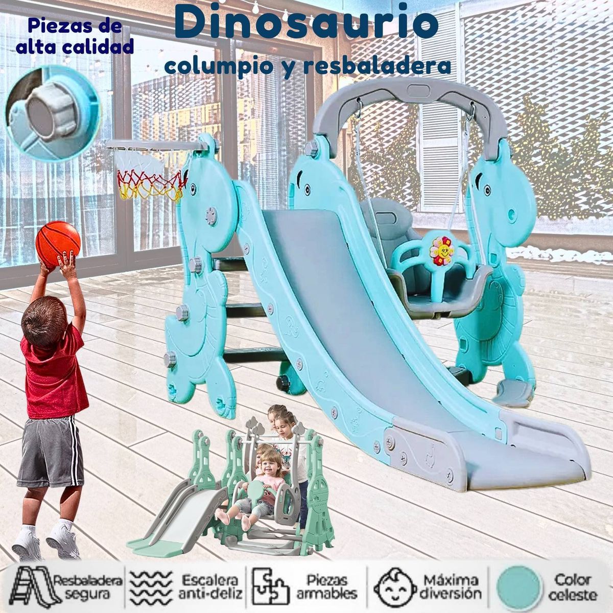 GENERICO - Juego Didactico Resbaladero Columpio Dinausario Celeste