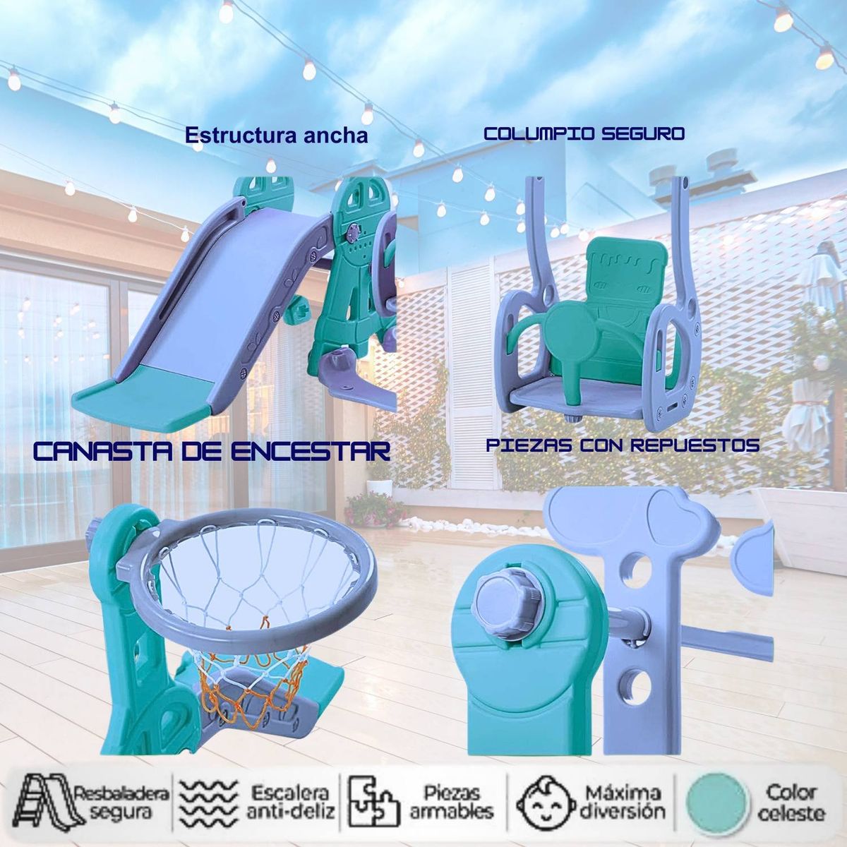 GENERICO - Juego Didactico Resbaladero Columpio Dinausario Celeste