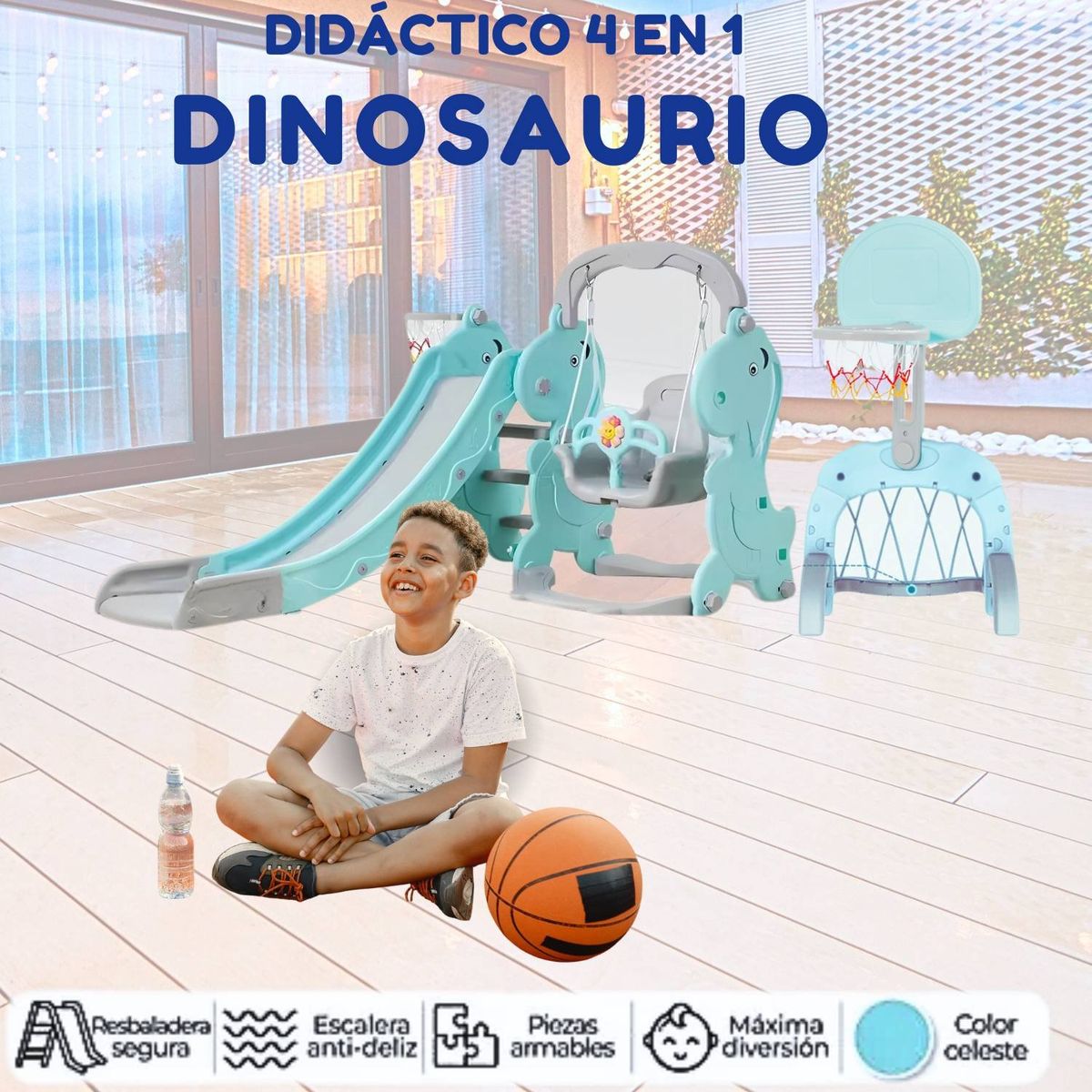 GENERICO - Juego Didactico Resbaladero Columpio Dinausario 4 En 1 Celeste