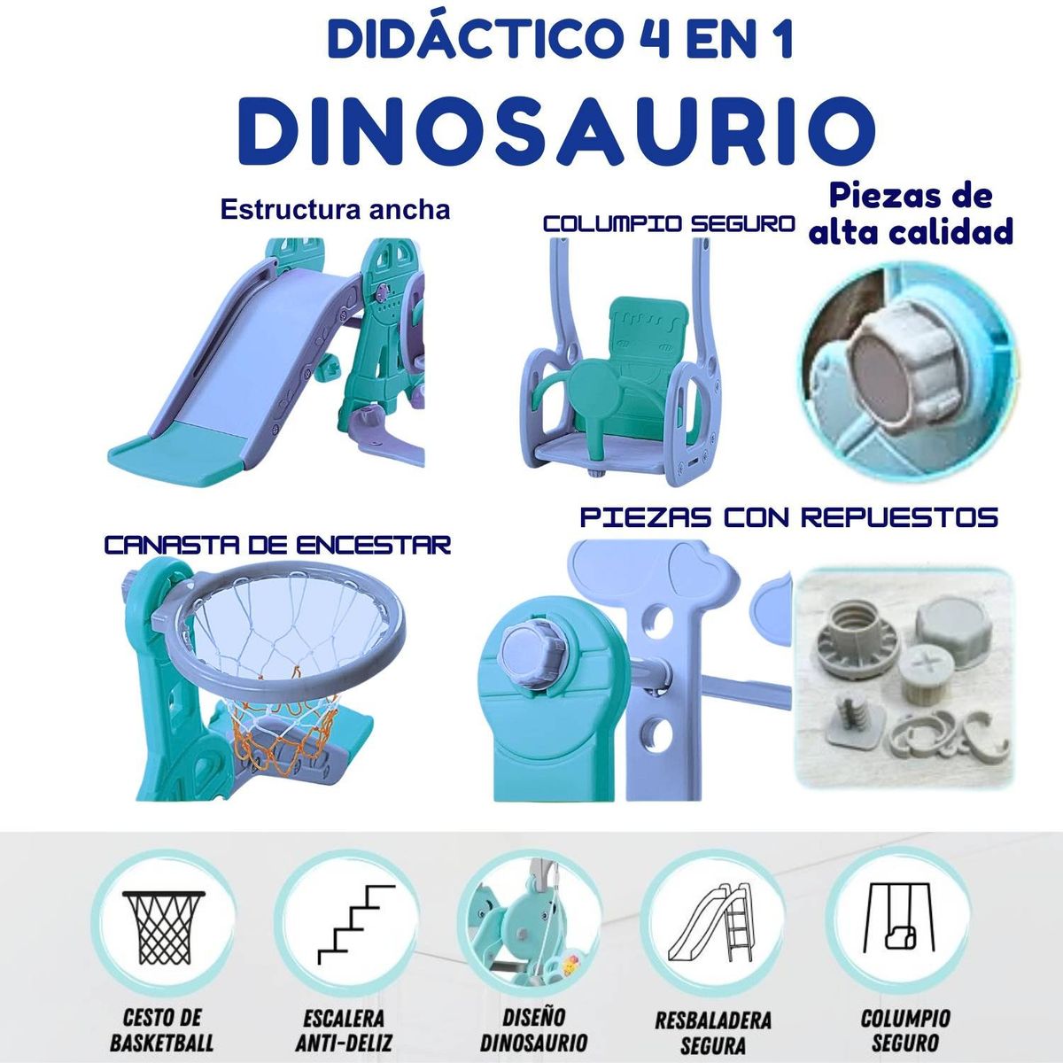 GENERICO - Juego Didactico Resbaladero Columpio Dinausario 4 En 1 Celeste