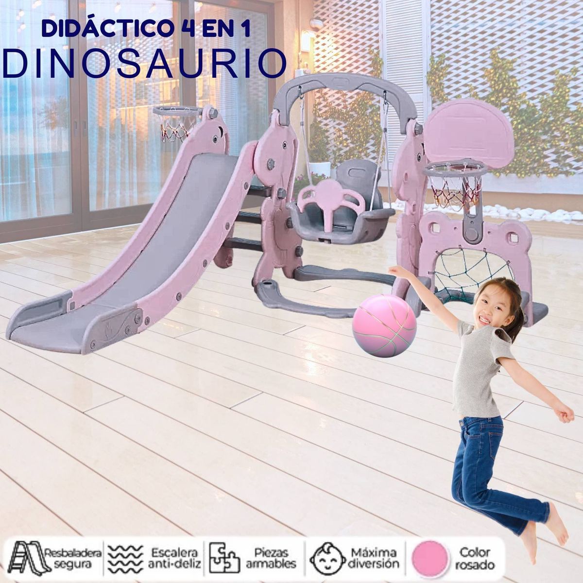 GENERICO - Juego Didactico Resbaladero Columpio Dinausario 4 En 1 Rosada