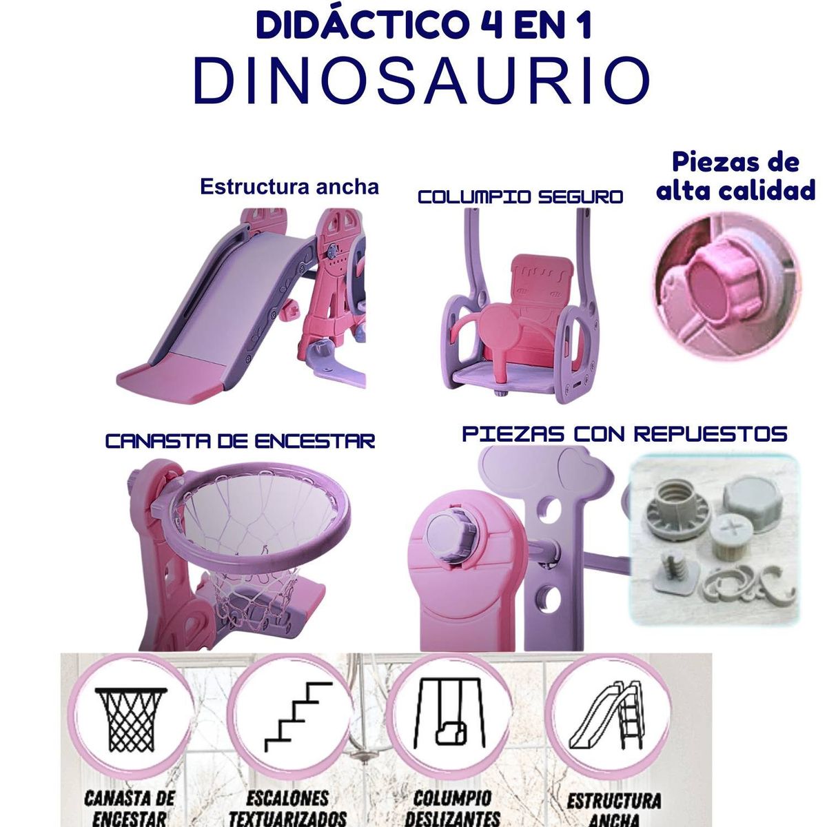 GENERICO - Juego Didactico Resbaladero Columpio Dinausario 4 En 1 Rosada