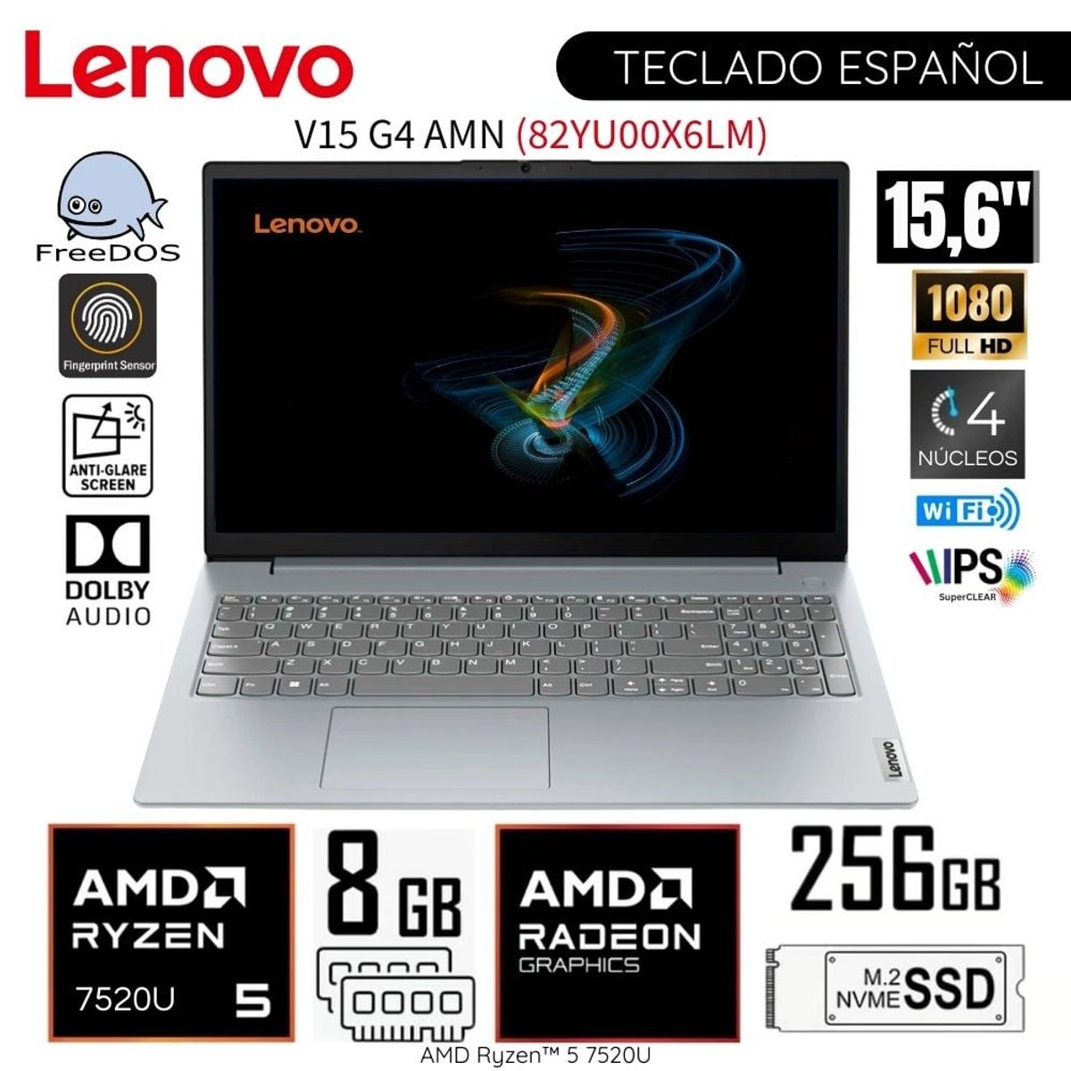 LENOVO - Laptop Lenovo V15 G4 AMN AMD Ryzen 5-7520U 8GB RAM 256GB SSD 156 FHD 82YU00X6LM