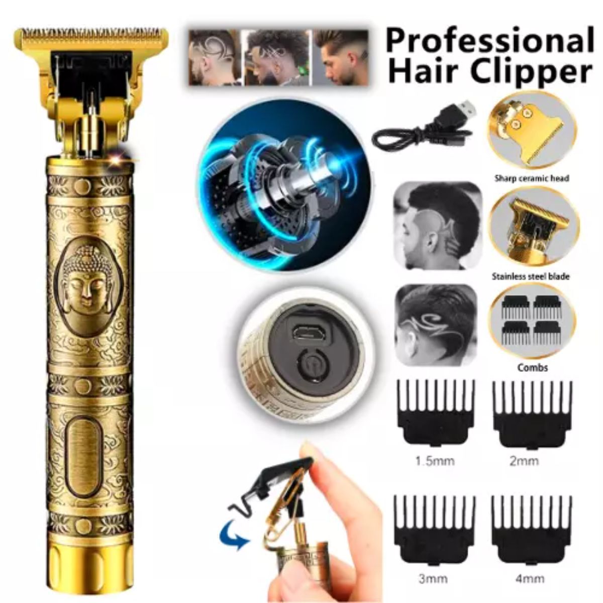 GENERICO - Cortadora Metal Diseño Cabello y Barba Trimmer Patillera Buda Dragón