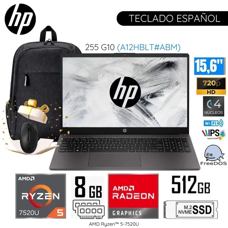 HP - Laptop HP 255 G10 (A12HBLT#ABM) AMD Ryzen5-7520U 8GB RAM 512GB SSD 15.6" HD + Mochila y Mouse HP