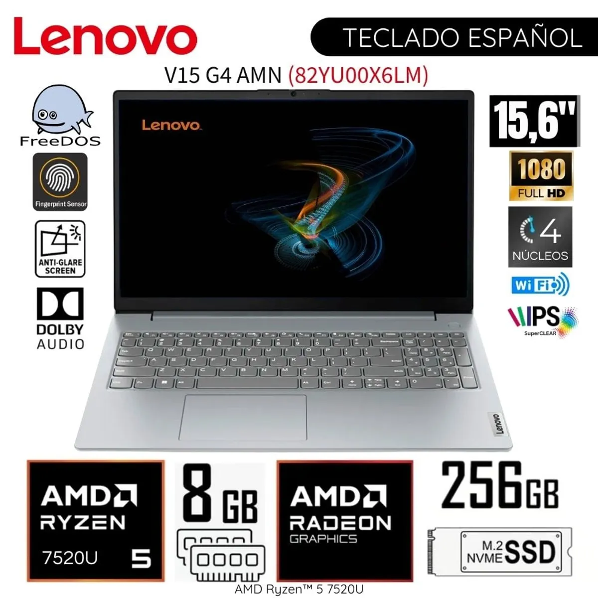 LENOVO - Laptop Lenovo V15 G4 AMN AMD Ryzen 5-7520U 8GB RAM 256GB SSD 15.6"  FHD 82YU00X6LM