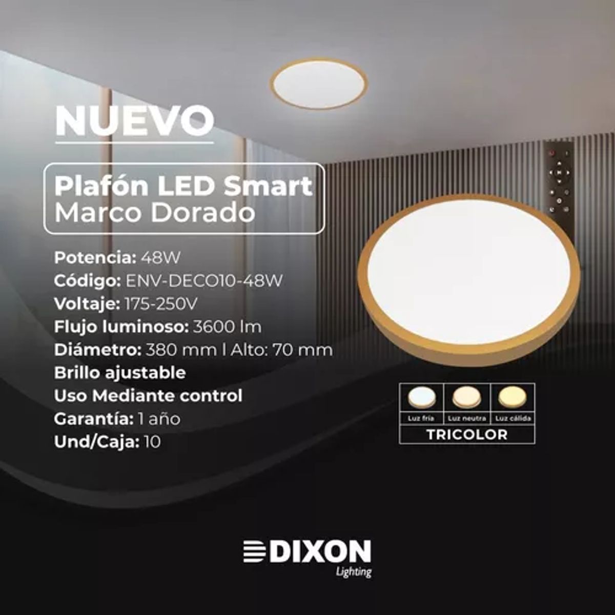 DIXON - Panel Plafon Led Smart  48W Deco Tricolor  3600Lm Dorado