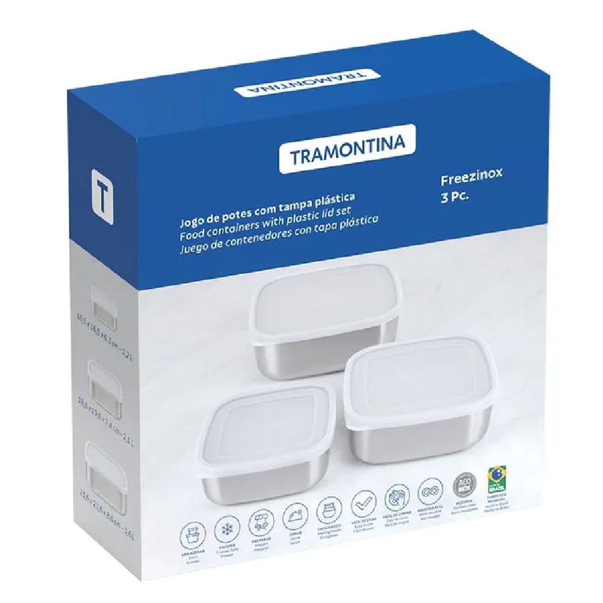 TRAMONTINA - Juego de Tapas Cuadradas de Acero Inoxidable Tramontina Freezinox  3 Piezas