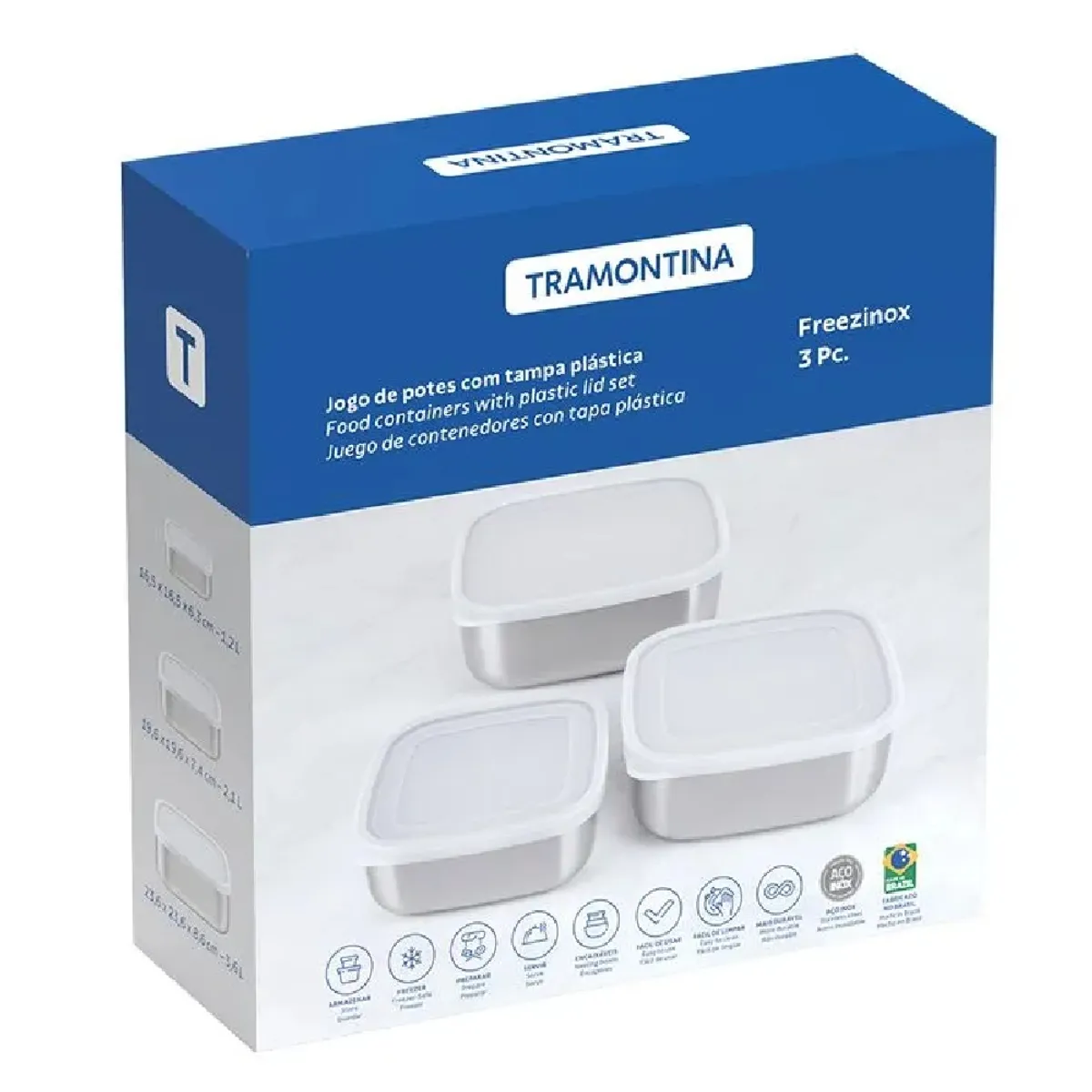 TRAMONTINA - Juego de Tapas Cuadradas de Acero Inoxidable Tramontina Freezinox  3 Piezas