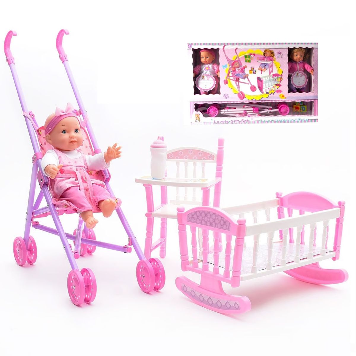 GENERICO - Set Muñeca 3 en 1 Carriola Cuna y Silla Alta