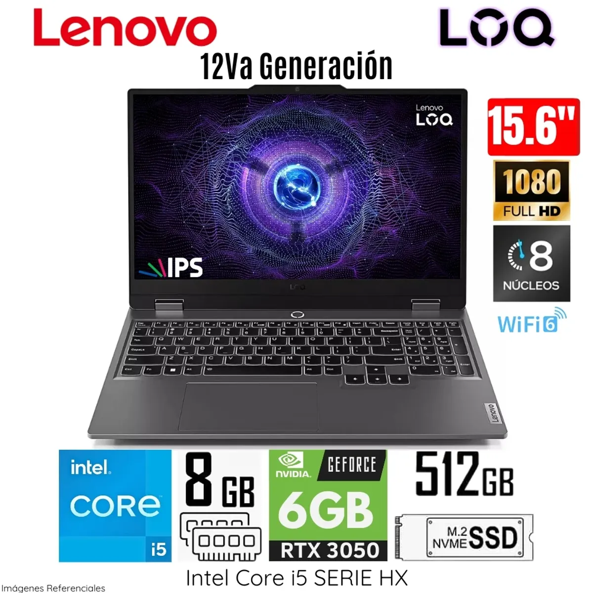 LENOVO - Laptop Lenovo LOQ 15IAX9 Core I5 12450HX, RAM 8GB, SSD 512GB, RTX 3050 6GB, 15.6" FHD 144HZ