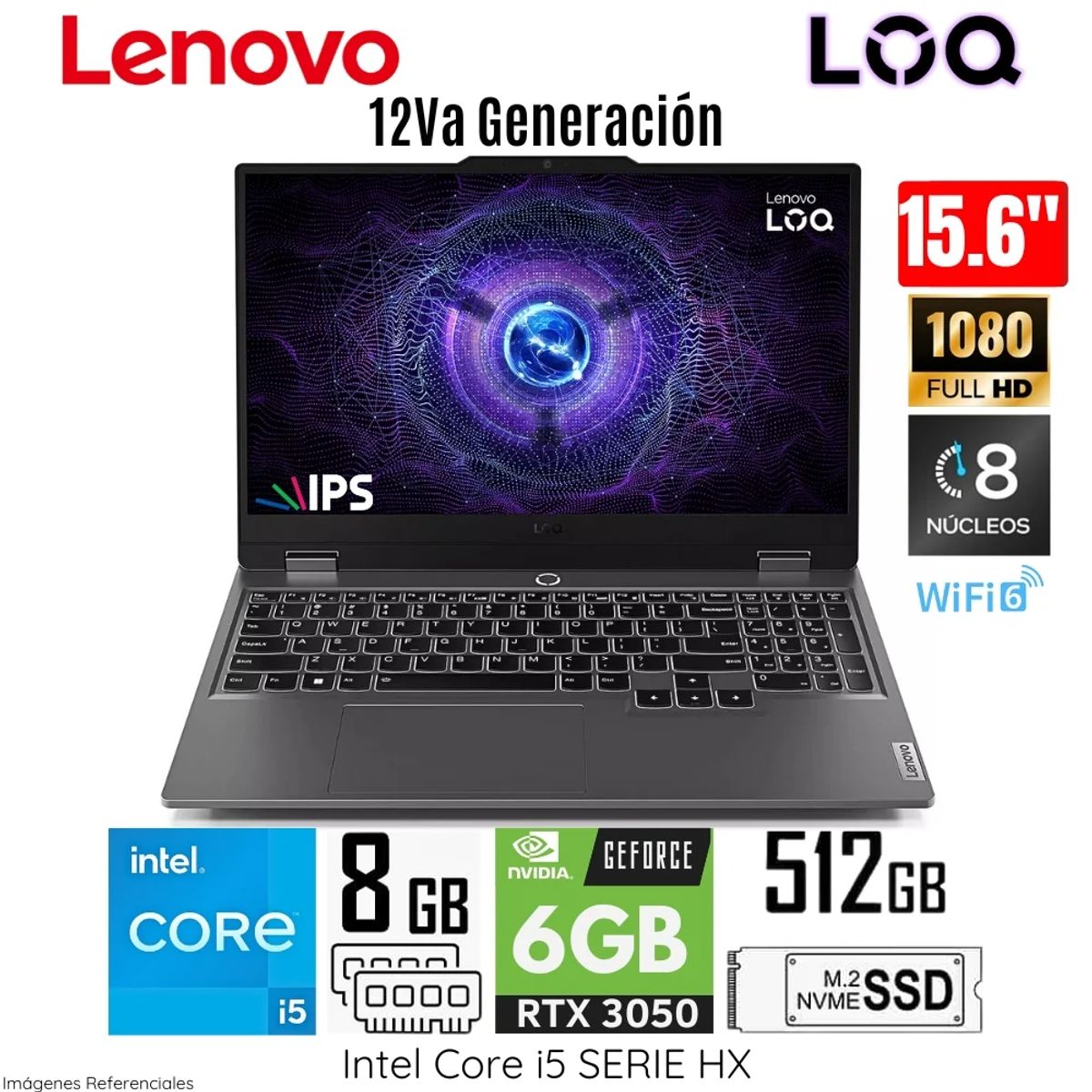 LENOVO - Laptop Lenovo LOQ 15IAX9 Core I5 12450HX, RAM 8GB, SSD 512GB, RTX 3050 6GB, 15.6" FHD 144HZ