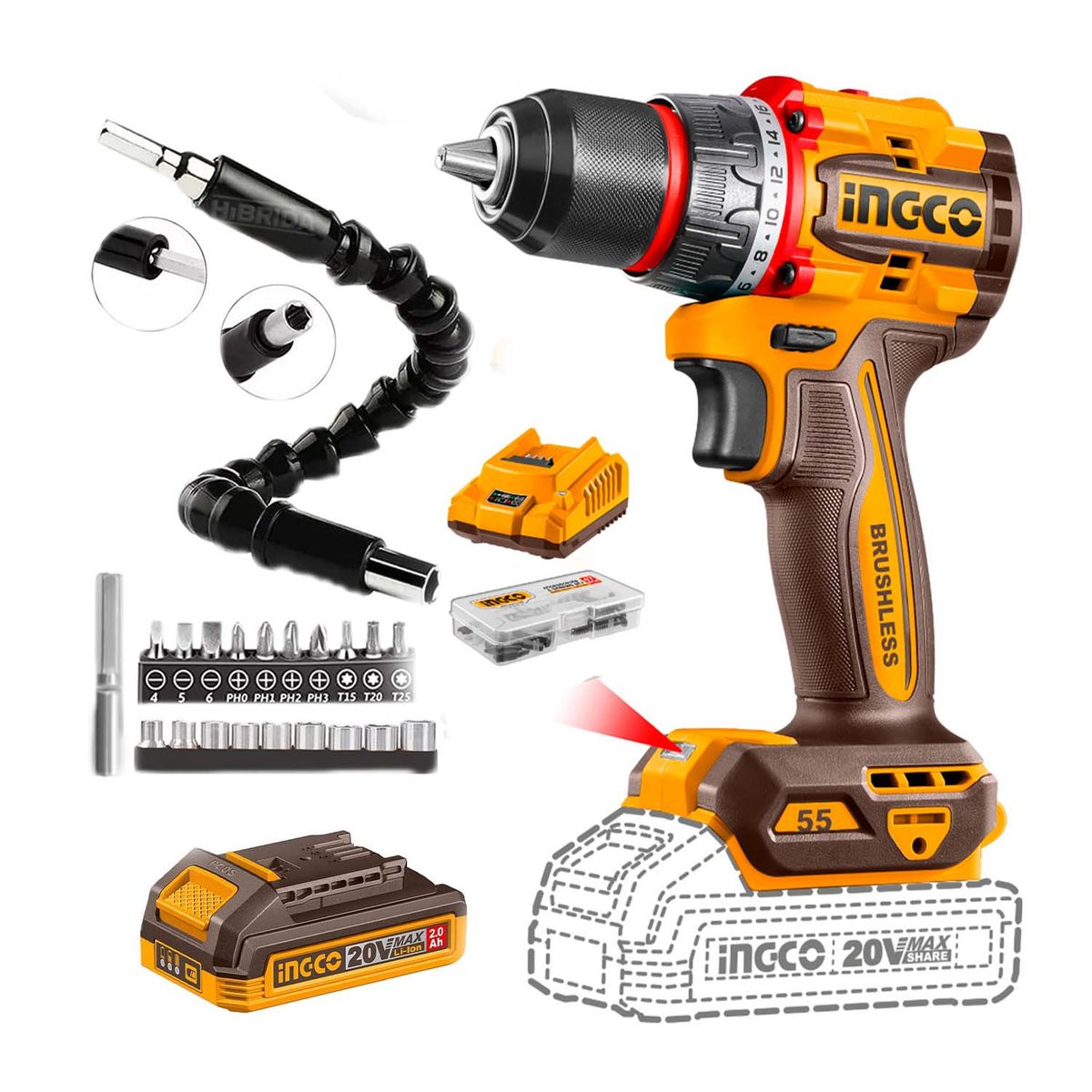 INGCO TOOLS - Taladro Inalambrico 55Nm Ingco 20v Brushless + 21 Acs