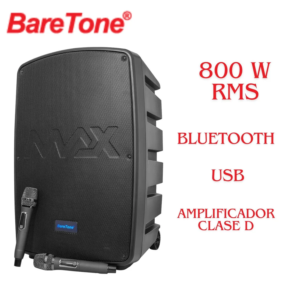 BARETONE - Parlante Portátil de Alto Rendimiento BARETONE MAX15NB 800W RMS ClaseD