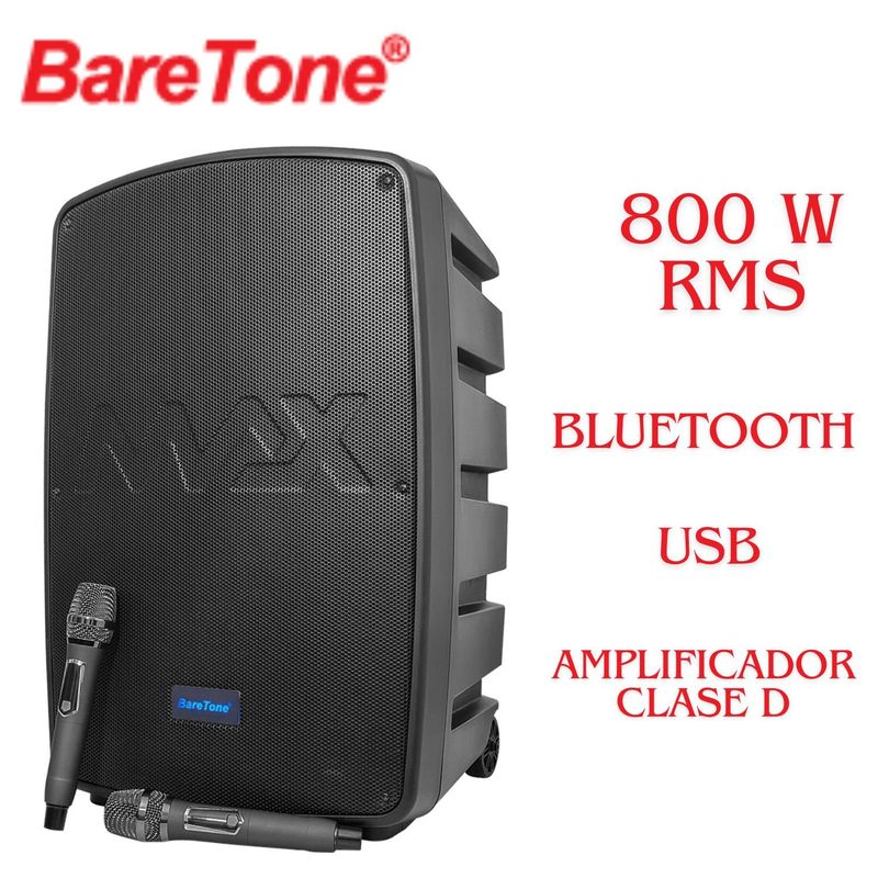 BARETONE - Parlante Portátil de Alto Rendimiento BARETONE MAX15NB 800W RMS ClaseD