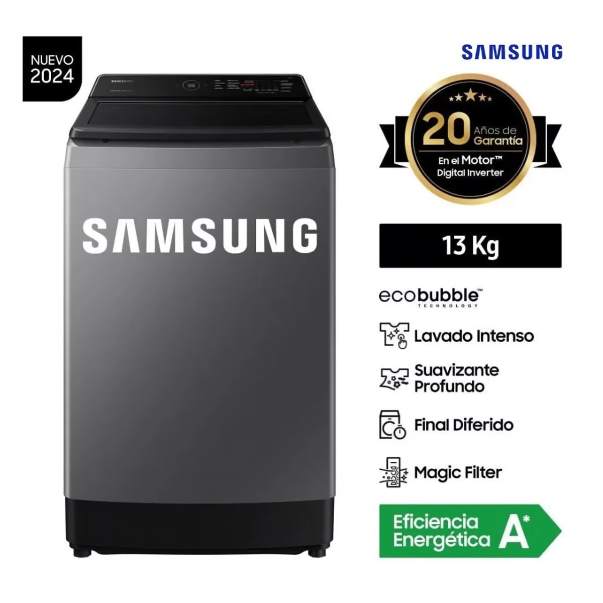 SAMSUNG - Lavadora Samsung 13Kg ECOBUBBLE Carga Superior Gris Digital WA13CG5441BD