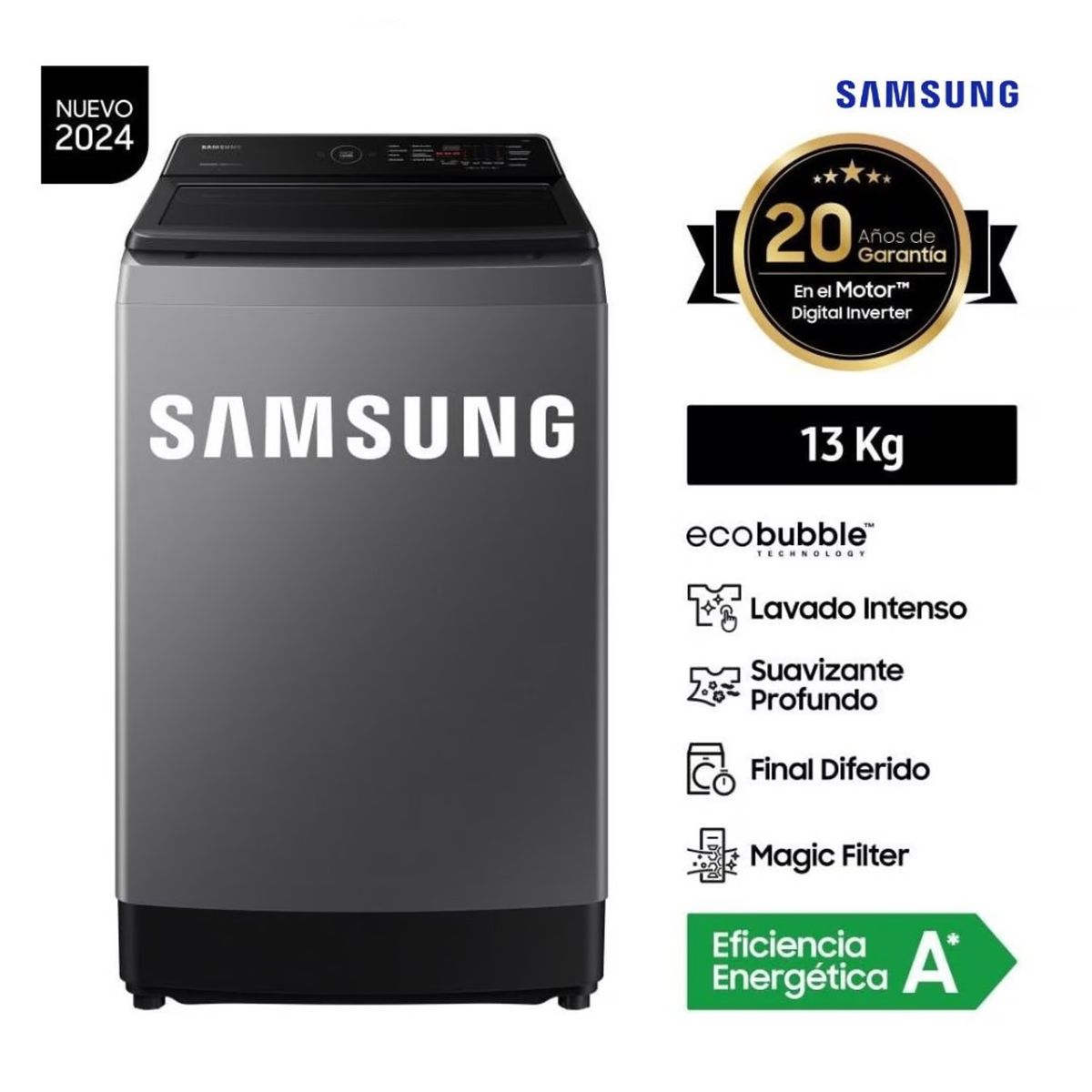 SAMSUNG - Lavadora Samsung 13Kg ECOBUBBLE Carga Superior Gris Digital WA13CG5441BD