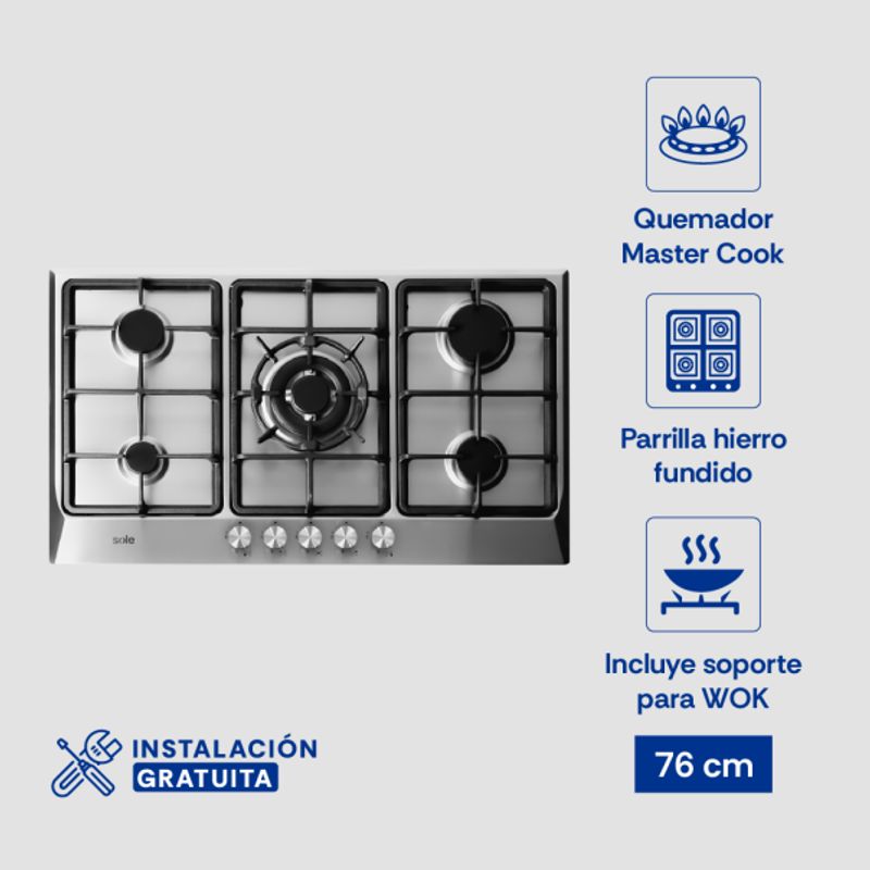 SOLE - Encimera Acero Inoxidable A Gas 86cm Sole SOLCO038