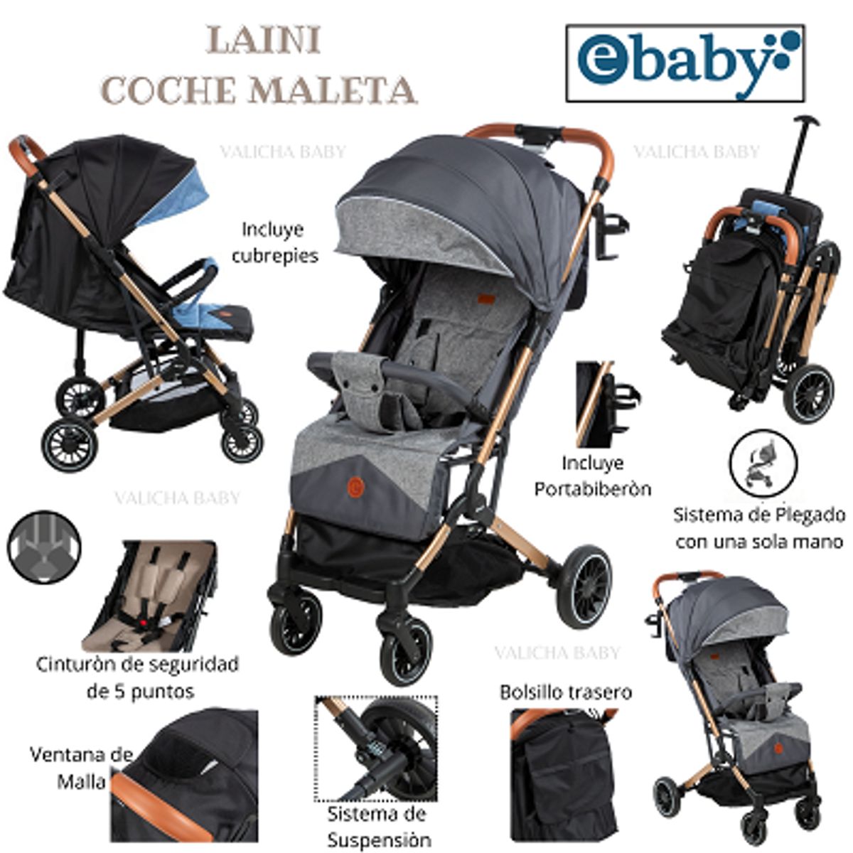 EBABY - COCHE MALETA LAINI - GRIS