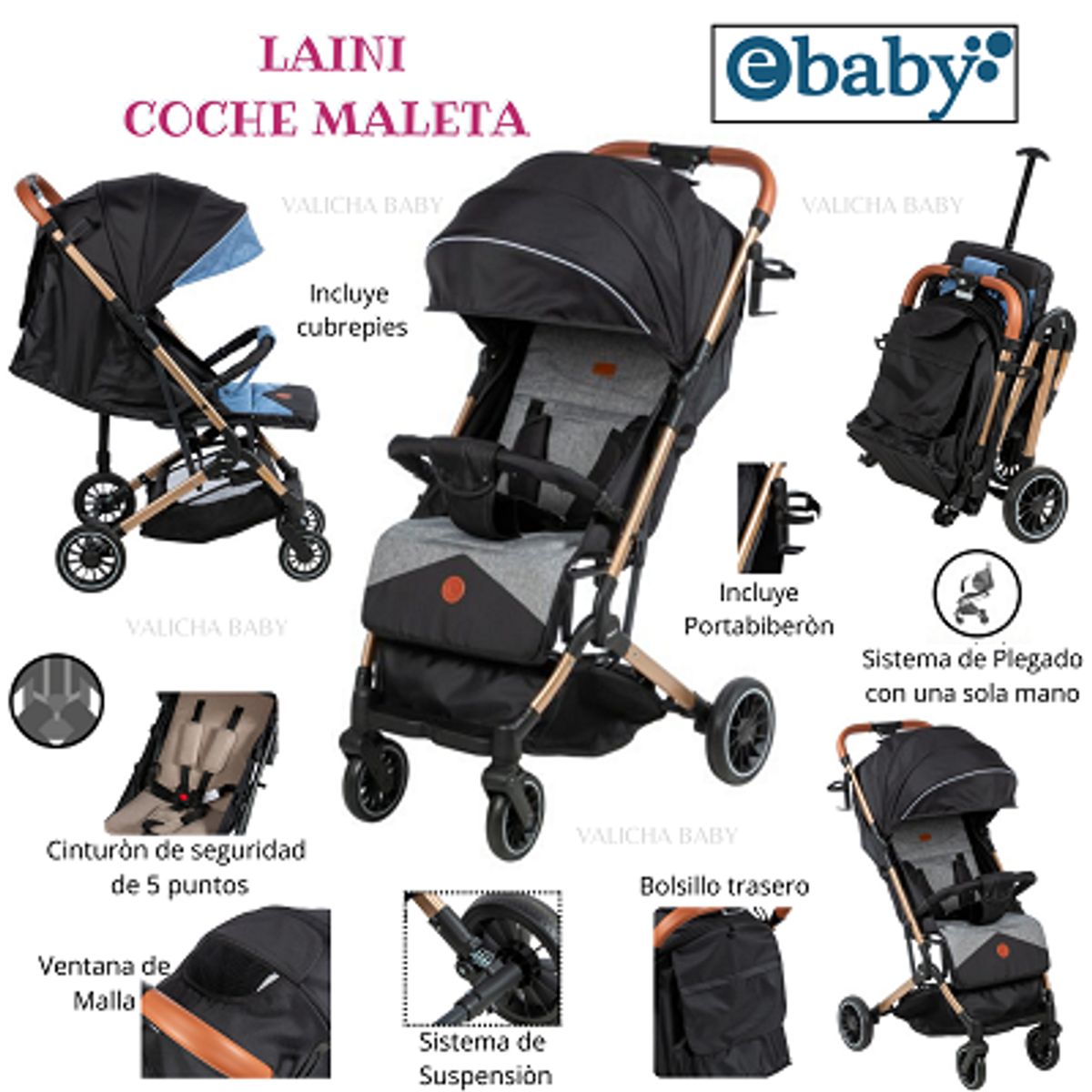 EBABY - COCHE MALETA LAINI - NEGRO