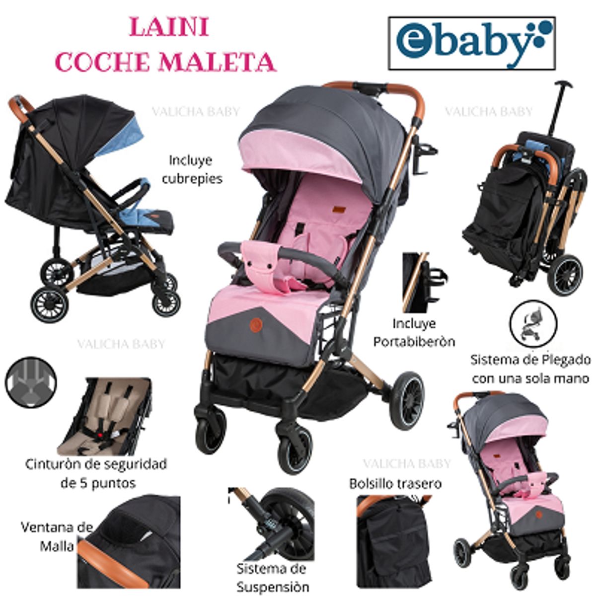 EBABY - COCHE MALETA LAINI - ROSADO