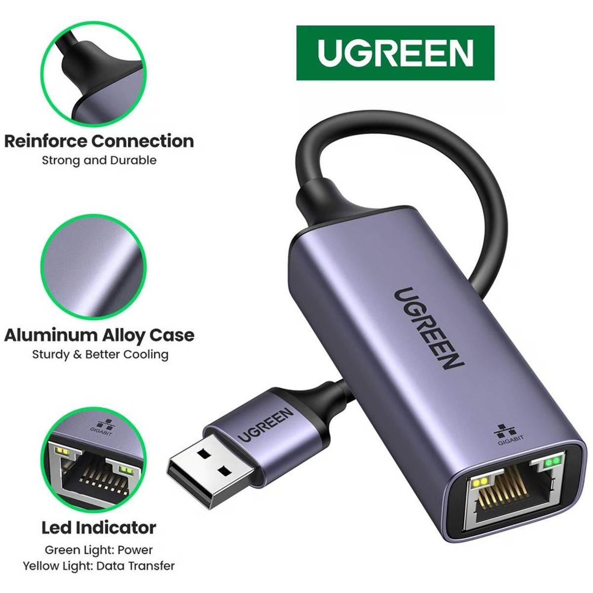 UGREEN - UGREEN Adaptador de red USB 3.0 a RJ45 Ethernet 1Gbps (CM209 - 50922)