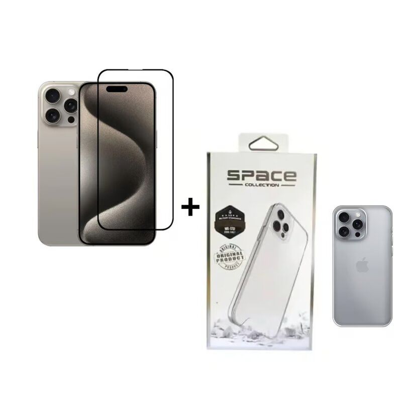 SPACE - CASE SPACE TRANSPARENTE + MICA DE VIDRIO PARA IPHONE 15 PRO MAX