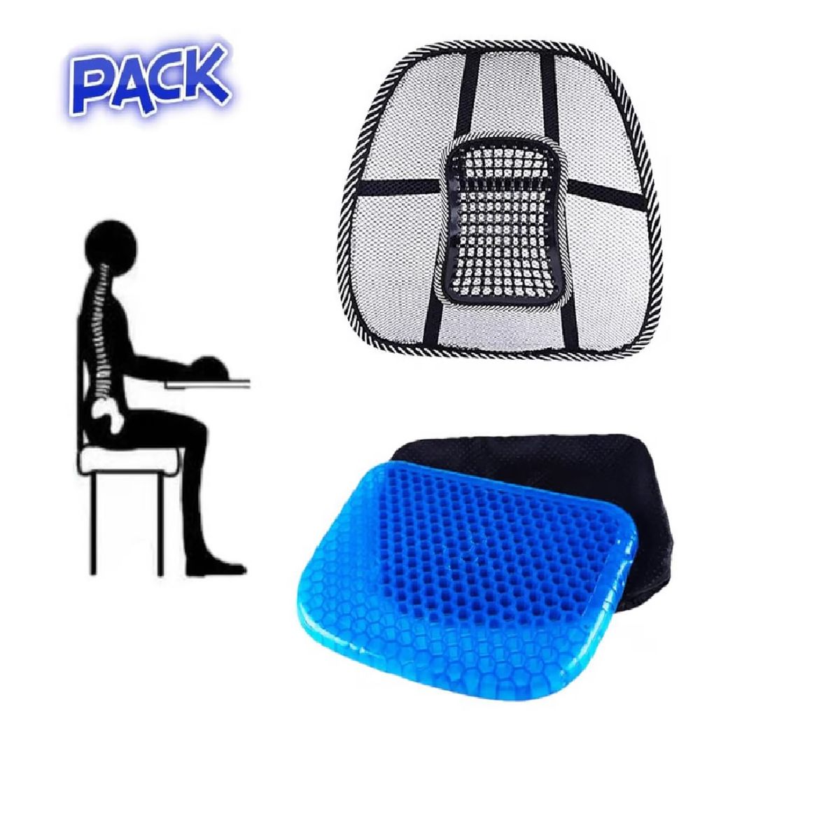 GENERICO - PACK ASIENTO COJIN GEL DE 1000 GR MAS COJIN RESPALDAR LUMBAR