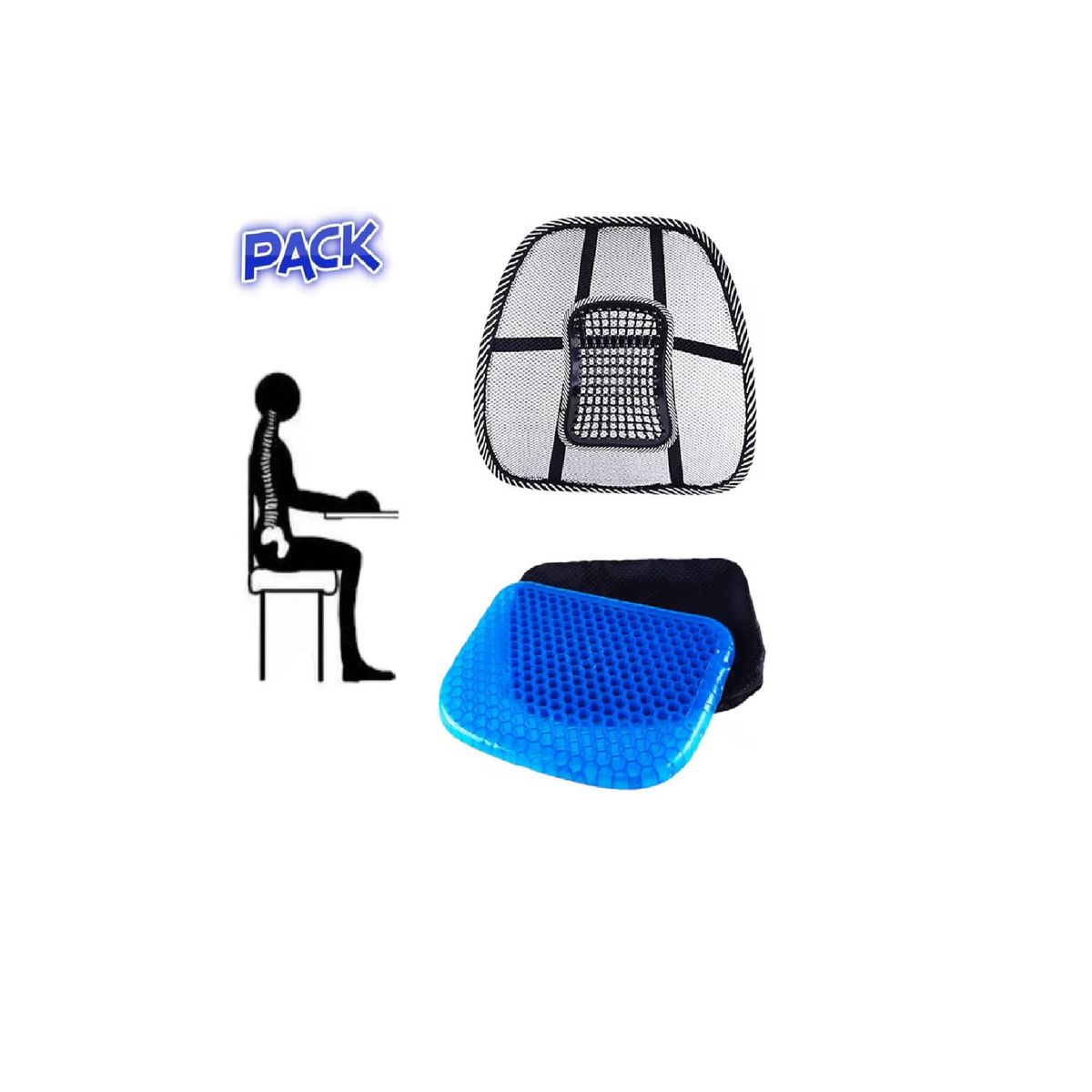 GENERICO - PACK ASIENTO COJIN GEL DE 1000 GR MAS COJIN RESPALDAR LUMBAR