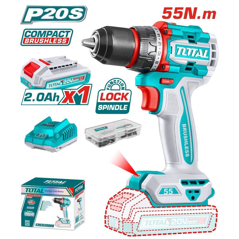 TOTAL TOOLS - Taladro Atornillador Motor Bl 55nm De 20v Chuk Metálico -TDLI205582