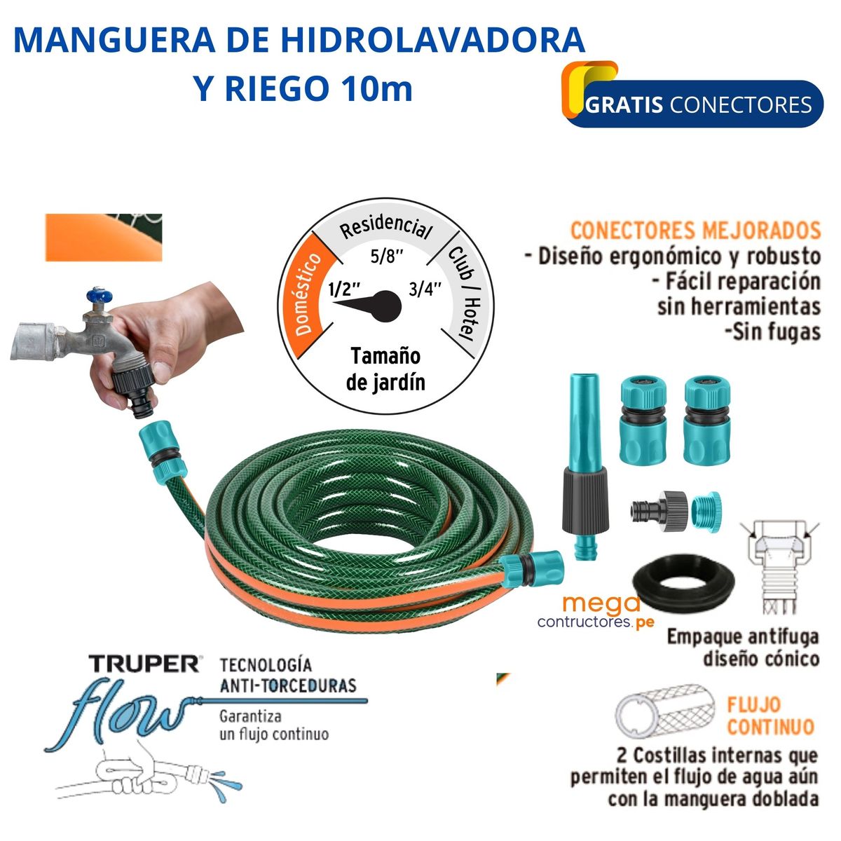 TRUPER - Manguera para hidrolavadora, conectores prémium, 10m REFORZADA 3 CAPAS