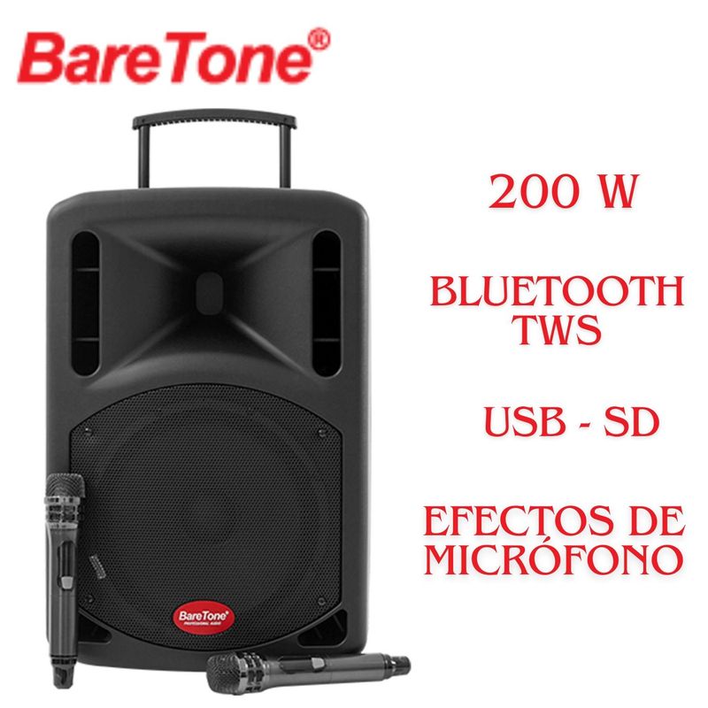 BARETONE - Parlante Portátil BARETONE MAX12EX 200W TWS USB Efectos de micrófono