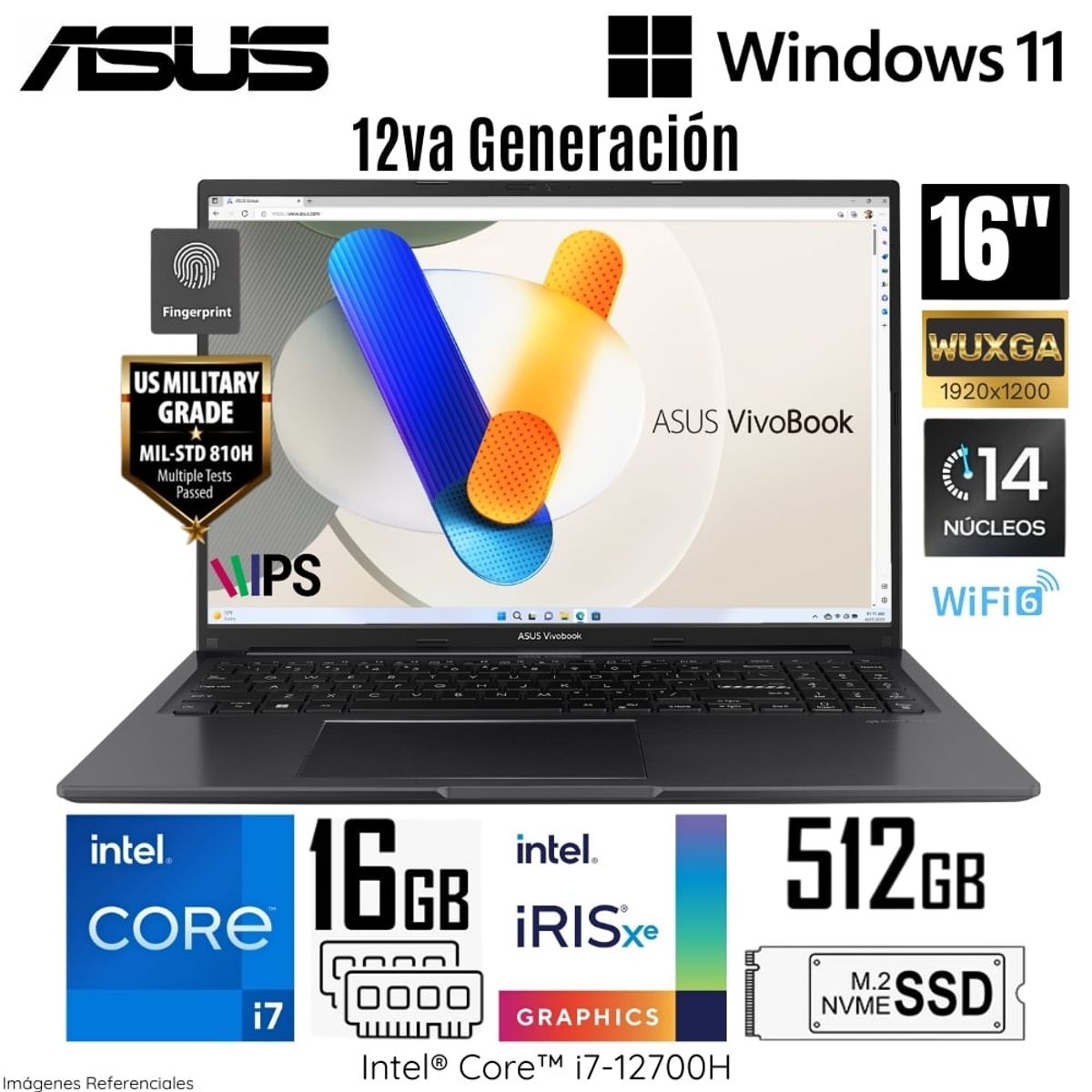 ASUS - Laptop Asus Vivabook X1605ZA-MB932 Intel Core i7-12700H 16GB RAM 512GB SSD 16 WUXGA IPS Indie Black
