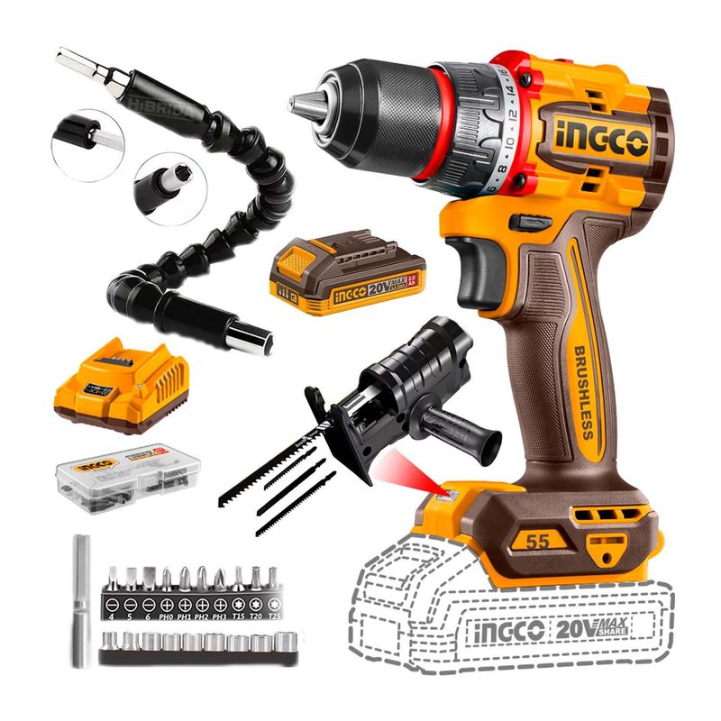 INGCO TOOLS - TALADRO INALÁMBRICO 55NM 20V BRUSHLESS+ 21ACCS + ADAPTADOR CALADORA