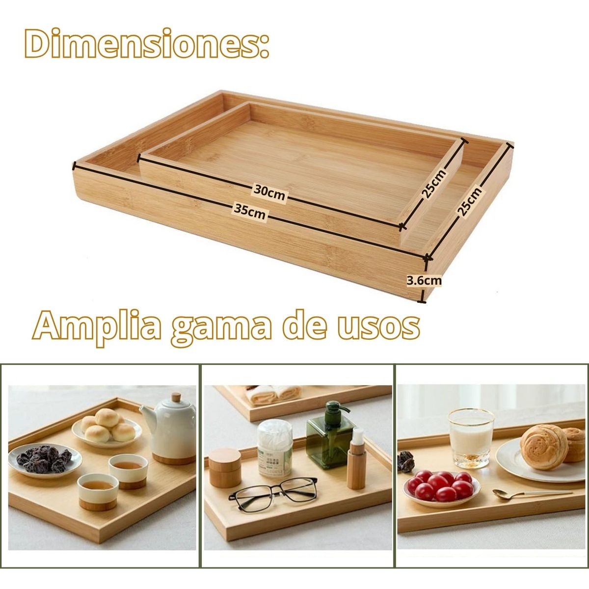 PENTHA - Bandeja Decorativa de Bambú para Desayunos, Set de 2 para Picnic, etc