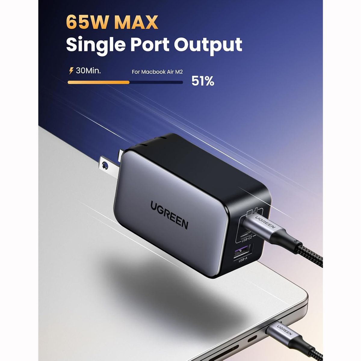 UGREEN - Cargador Ugreen 65W USB-C Nexode 3-Puertos GaN Fast Charge