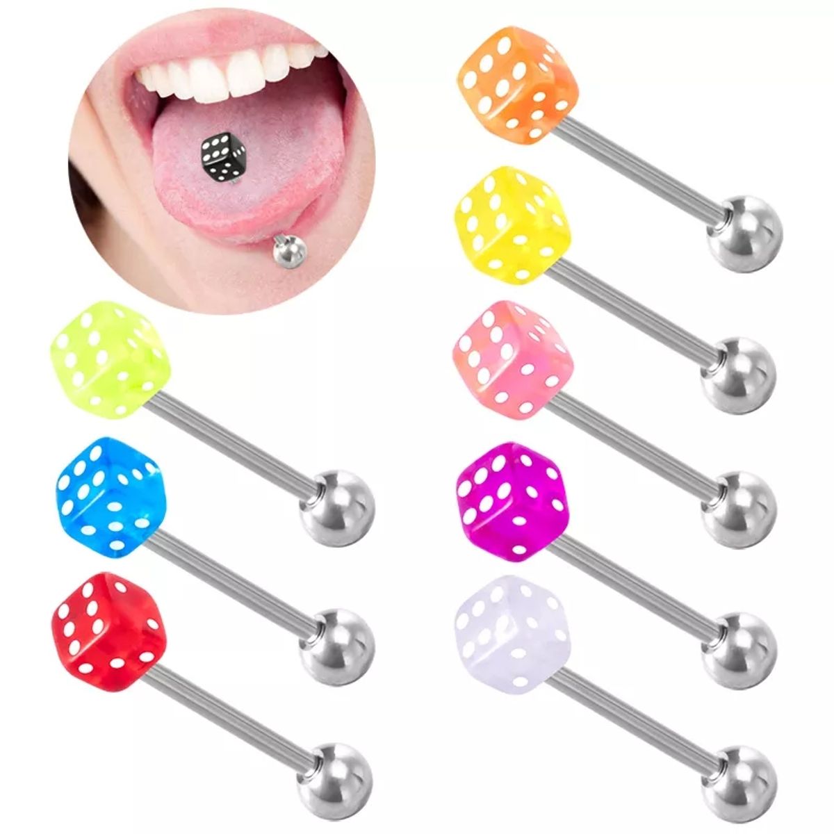 GENERICO - Set x 2 Piercings para lengua modelo dado colores al azar