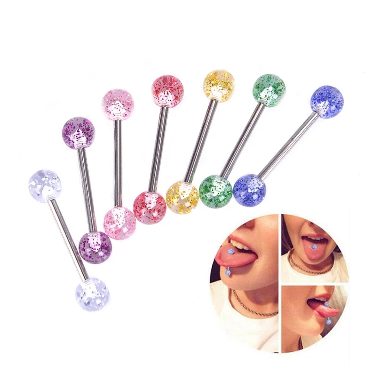 GENERICO - Set x 2 Piercings para lengua modelo bolitas colores al azar